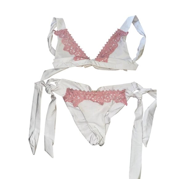 SHEIN Other - White Two Piece Swimsuit Pink Lace Trim Size Large Bikini Set Scrunch Butt Sexy